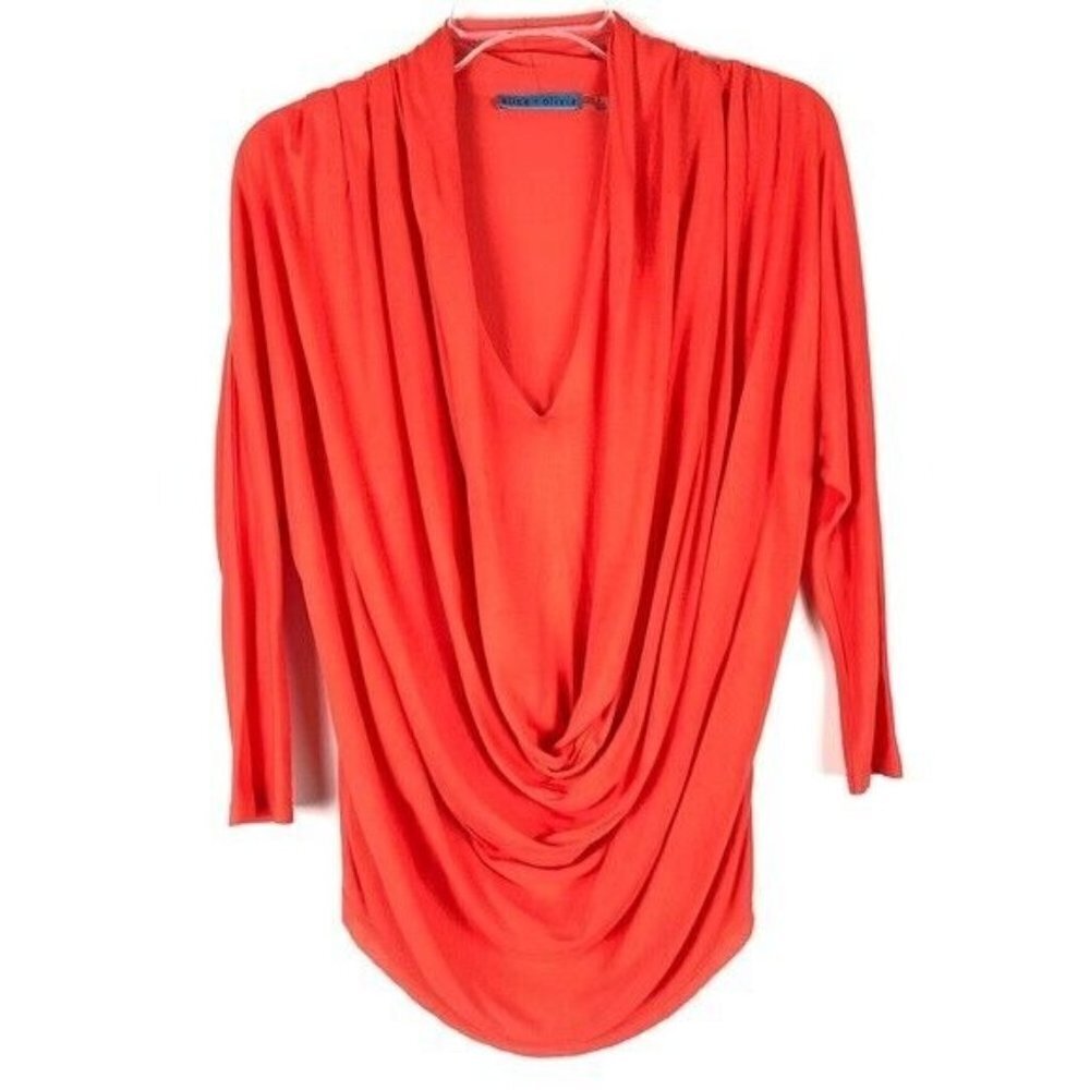 Alice + Olivia Janie Draped Cowl-Neck Top Rust Coral 3/4 Sleeve Jersey XS